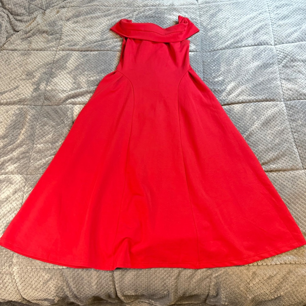 Red Off The Shoulder Fit and Flare Midi Dress Viscose Blend Cocktail Evening